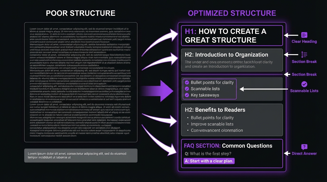 Content structure comparison showing poor unstructured content vs optimized hierarchical structure with headings and FAQ sections